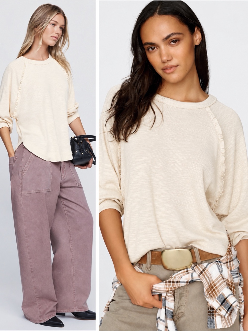 Pilcro Anthropologie Woman Cream Ruffle Raglan Thermal Relax long Sleeve SMALL